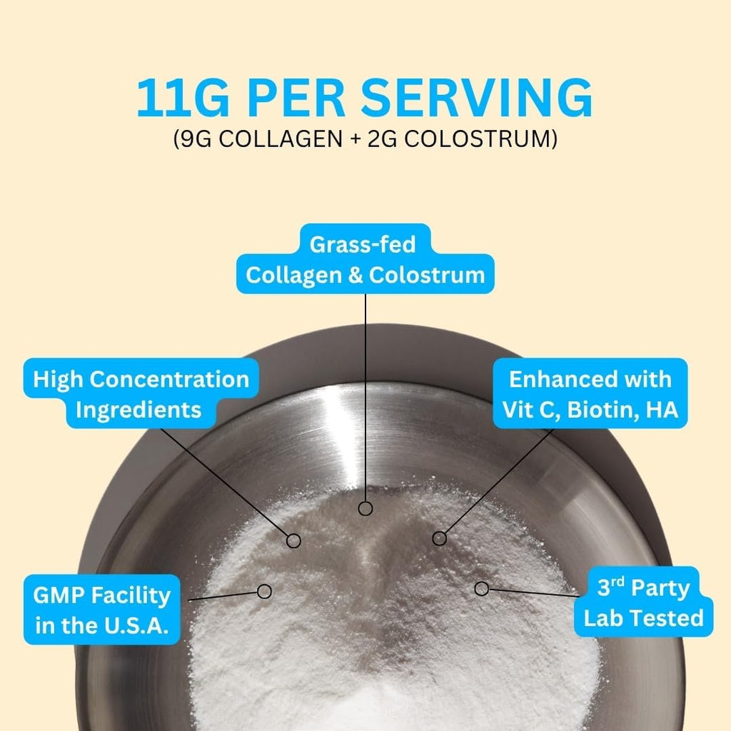 Colostrum & Collagen Peptides Powder with Biotin, Hyaluronic Acid & Vitamin C | Gut Health & Bloating, Immune Support, Hair, Skin & Nails Supplement | Unflavored | 30 Servings