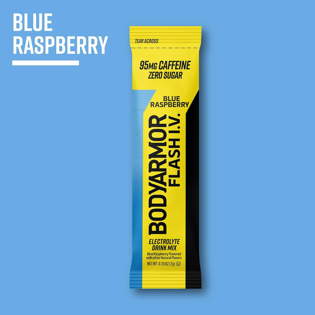 BODYARMOR Caffeinated Flash I.V. Electrolyte Packets Blue Raspberry - Zero Sugar Energy Drink Mix, Single Serve Packs, Hydration for Pre Workout, Travel Essentials, Active Lifestyle (6 Count)