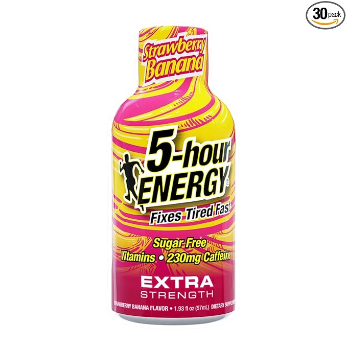 5-hour ENERGY Extra Strength Energy Shot, Strawberry Banana Flavor (1.93 oz., 30 Count), Zero Calories & Sugar-Free 230 mg Caffeinated Energy Shot, Amino Acids & B Vitamins, Dietary Supplements,