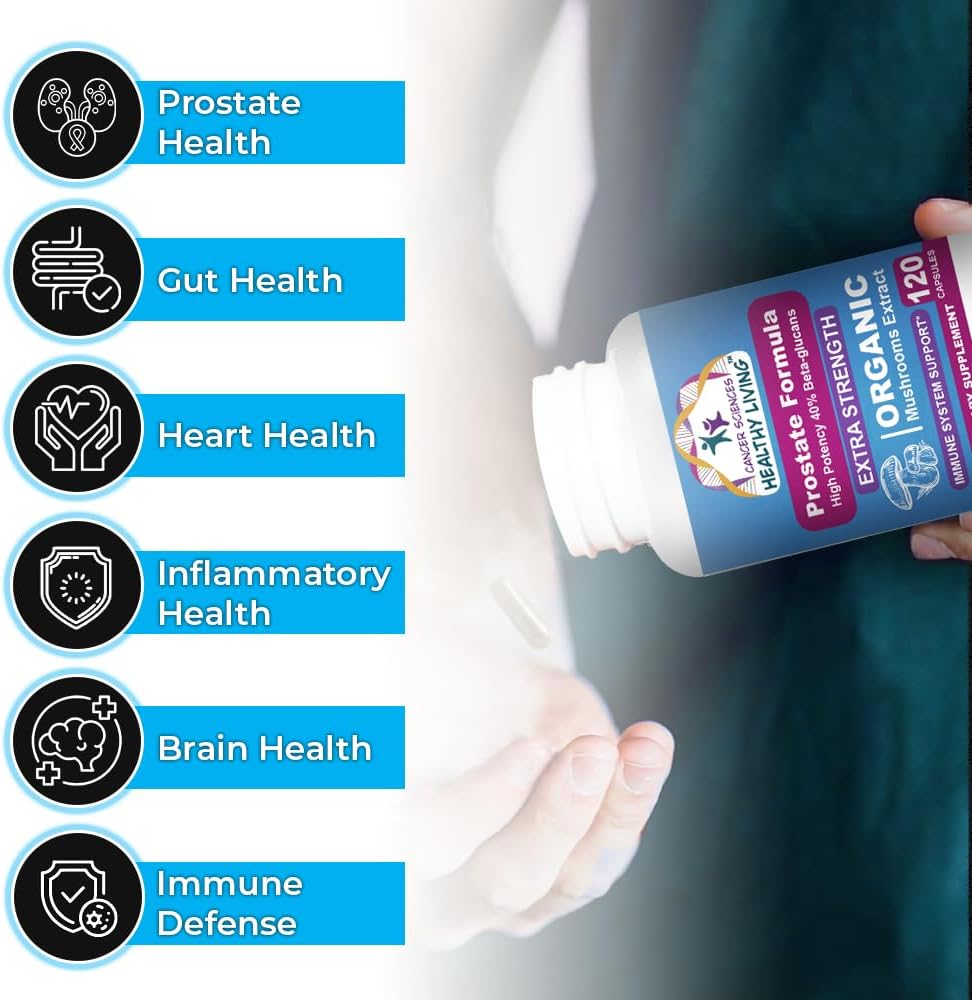 Cancer Sciences Prostate Wellness Supplements for Men, USDA Certified Organic Mushrooms Extract, Extra Strength 1,500 mg, High Potency 40% Beta-Glucans, Immune, Anti-Aging, Antioxidants, 120 Capsules