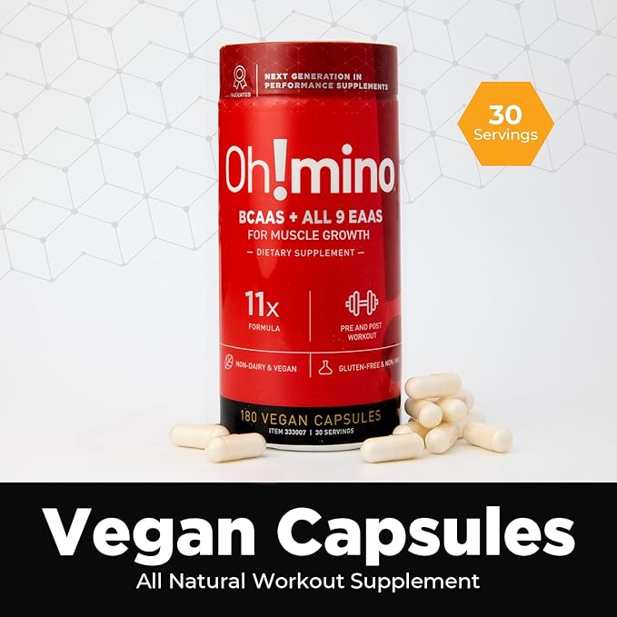 Oh!mino Essential Amino Acids Supplement, Caffeinated Capsules, All 9 EAAs, BCAAs, The Perfect Amino for Workouts, Amino Energy, and to Build Muscle, and Recover Faster