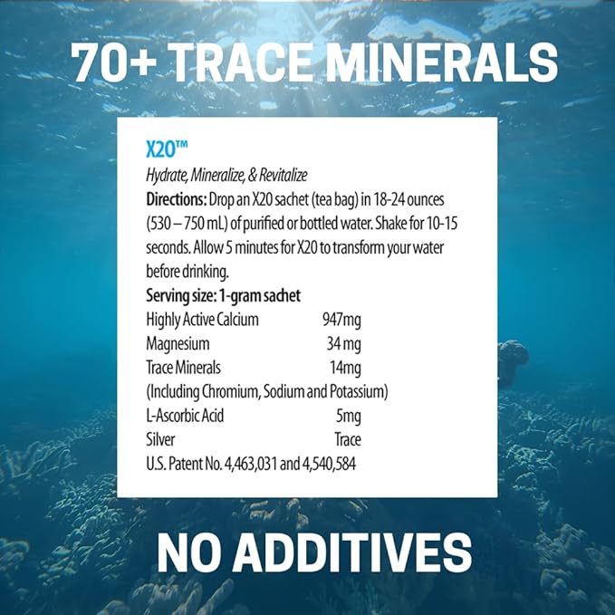 X2O Flavorless Drop-In Mineral Bags for Alkaline & Hydrogen Water – 30 Count | Alkalize Filtered Water | Add 70+ Ionic Trace Minerals for Cellular Hydration, Balanced pH, and Electrolytes