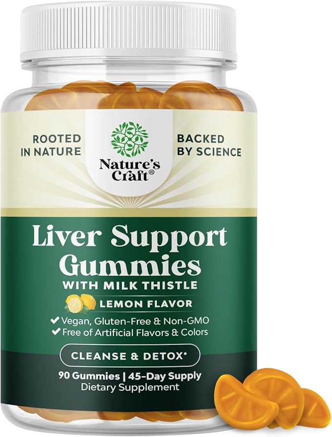 Natures Craft Cleansing Herbal Liver Detox Gummies Liver Support Milk Thistle Gummies with Artichoke Extract Turmeric Curcumin and L-Carnitine - Vegan and Non-GMO - Sweet Lemon (45 Servings)