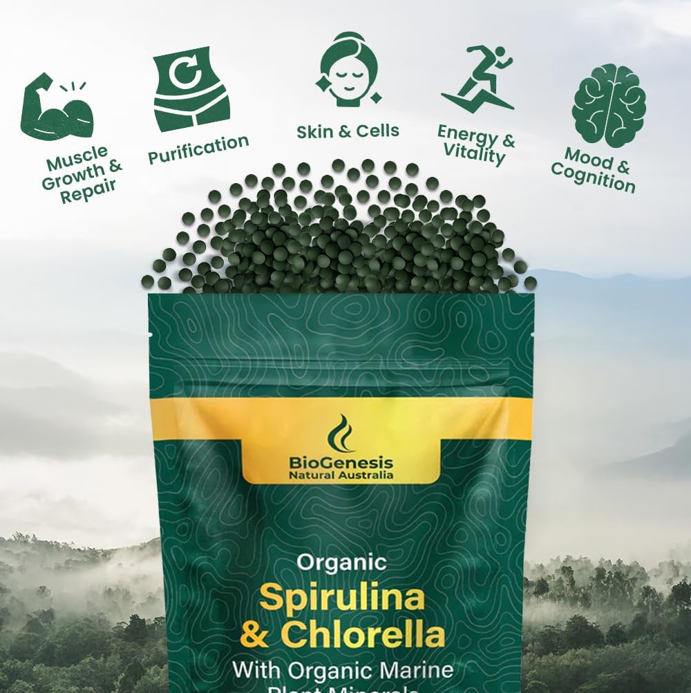 Biogenesis Organic Spirulina, Chlorella & Marine Plant Minerals – 300 Count (200 mg) | Australian Grown Algae Superfood | Support Energy & Immunity | Vegan Mini Tablets