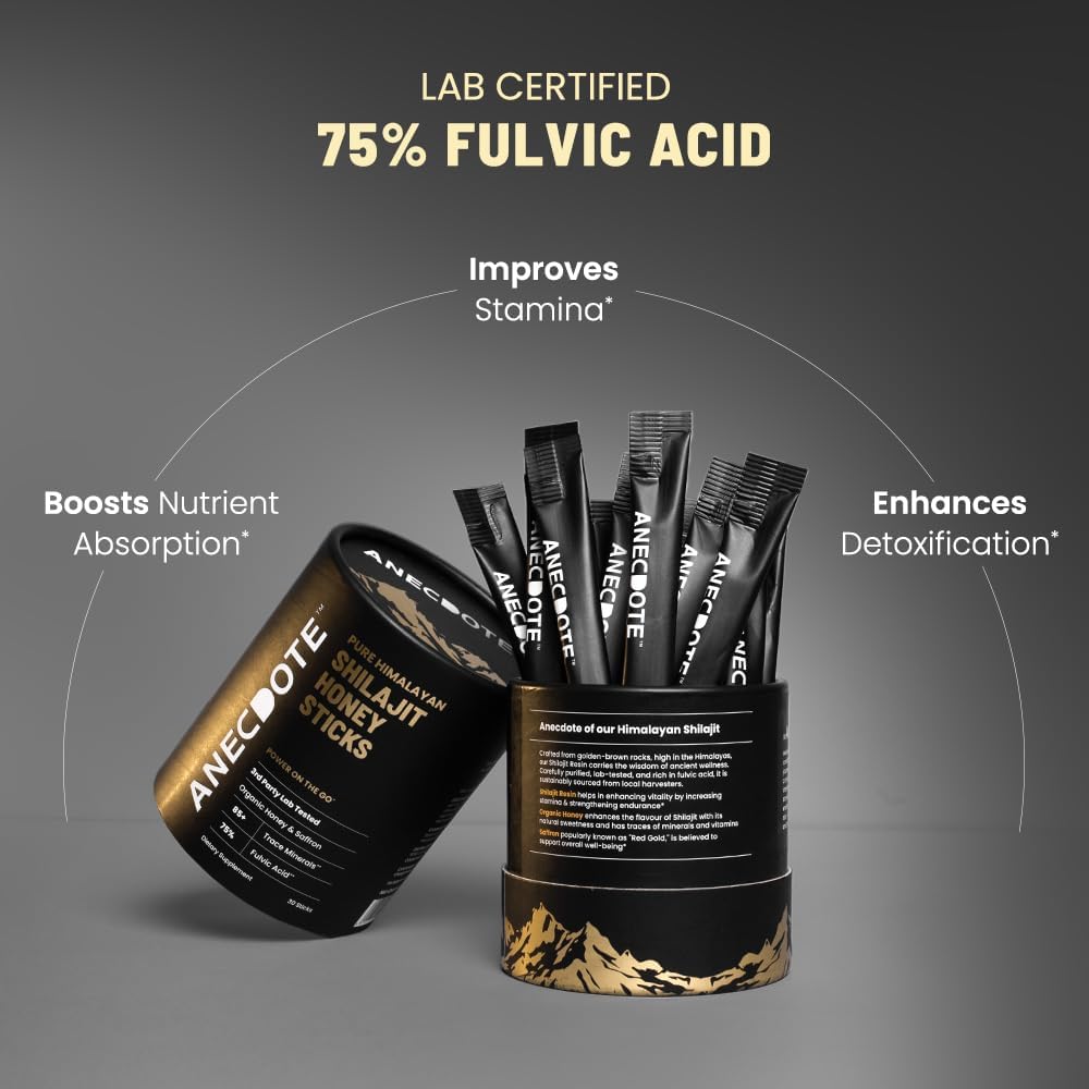 ANECDOTE Himalayan Shilajit Honey Sticks with Organic Honey & Saffron | Boosts Stamina | Supports Immunity | 75% Fulvic Acid, 85+ Trace Minerals | No Added Sugar | 30 Sticks