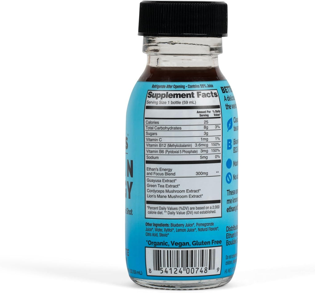 Ethan's Organic Clean Energy Shots Pomegranate Blueberry, Sugar Free Natural Pre-Workout Focus Boost, Gluten Free, Vegan, B6 & B12 Vitamin C with Green Tea Extract and Guayusa (12 Pack of 2oz Shots)