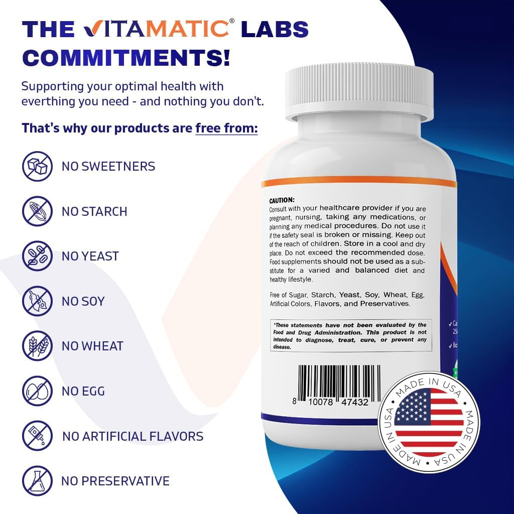 Vitamatic Calcium Magnesium Zinc D3 Boron | 365 Coated Tablets Supplement | Calcium 1200 mg, Magnesium 420mg, Zinc 25mg, Vitamin D3 1000 IU, Boron 1 mg | Non-GMO | Gluten Free | Made in USA
