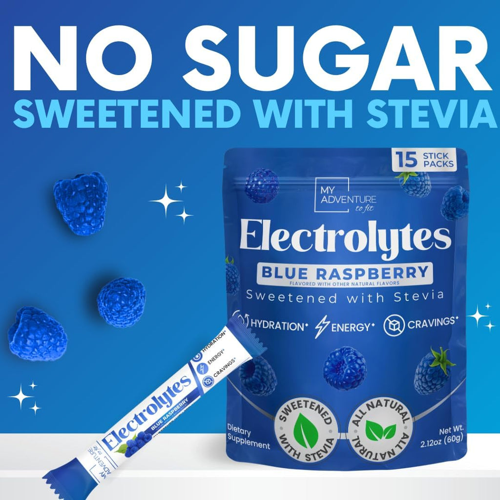 Zero Sugar - Blue Raspberry Electrolytes Powder - Refreshing Hydration - Caffeine Free Energy - All Natural Ingredients - Vegan, Keto and Paleo - Sugar Free Electrolyte Powder Drink Mix - 15 count