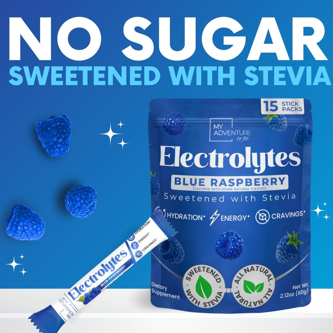 Zero Sugar - Blue Raspberry Electrolytes Powder - Refreshing Hydration - Caffeine Free Energy - All Natural Ingredients - Vegan, Keto and Paleo - Sugar Free Electrolyte Powder Drink Mix - 15 count