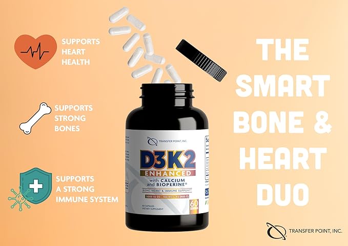 D3K2 Enhanced with Calcium & BioPerine® - 5000 IU Vitamin D3 + 100 mcg Vitamin K2 MK-7 - Once-daily formula, 60 Capsules