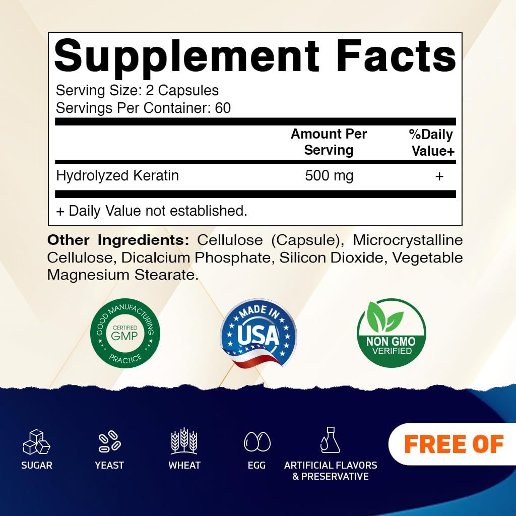 Vitamatic Hydrolyzed Keratin 500mg per Serving - 120 Vegetarian Capsules - Keratin Supplements for Healthy Hair Skin & Nails for Adults