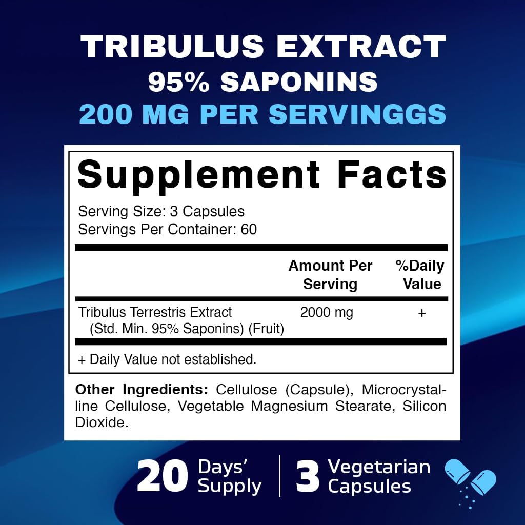 Vitamatic Tribulus Terrestris for Men - 2000 mg per Serving - 95% Saponins - 180 Vegetable Capsules - Made in The USA - Gluten Free & Non-GMO