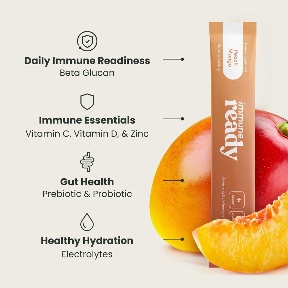 Immune Ready™ Electrolytes Powder Packets - Vitamin C Immune Support Drink Mix with Zinc, D3 & Beta Glucan - Low Sugar Hydration, Delicious Peach Mango Flavor