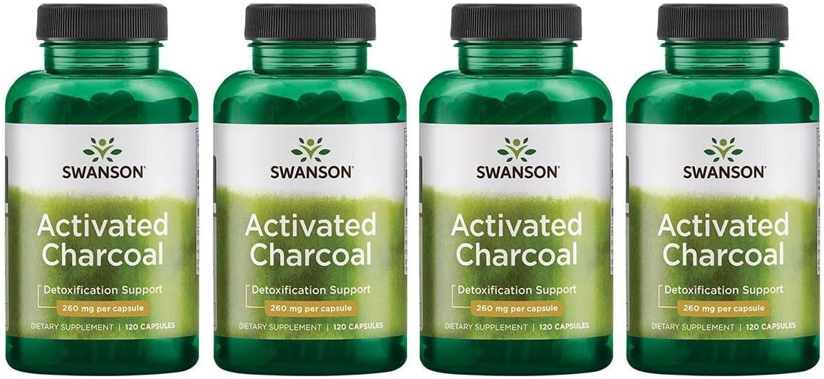 Swanson Activated Charcoal - Natural Supplement Supporting Healthy Absorption - Helps w/Bloating & Maintaining Bowel Regularity - (120 Capsules, 520mg per Serving) (4 Pack)