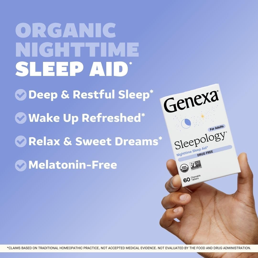 Genexa Sleepology for Adults | Melatonin Free Sleep Aid | Promotes Rest | Natural Vanilla & Lavender Flavor | Certified Organic & Non-GMO | Homeopathic Remedy Made Clean | 60 Chewable Tablets