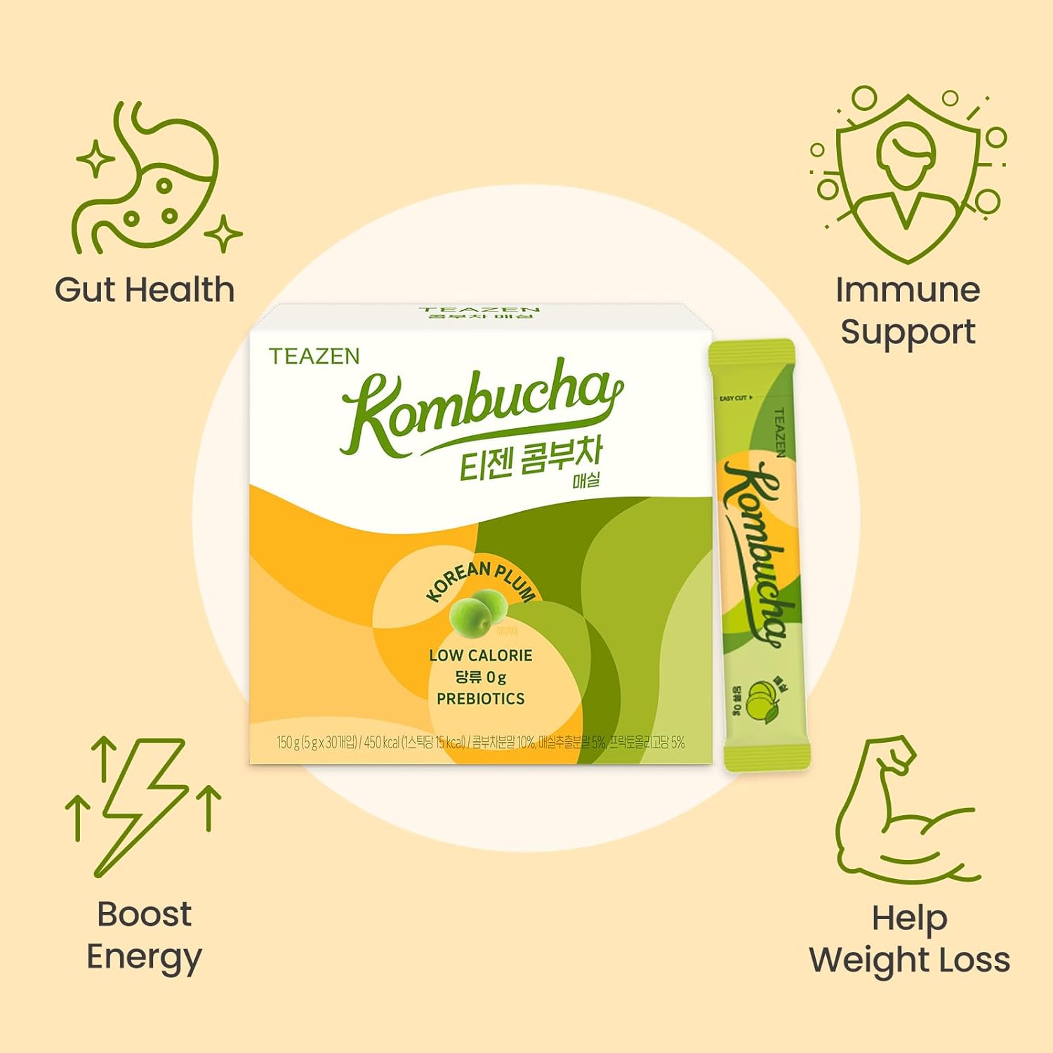 TEAZEN Japanese Apricot Kombucha Tea, Electrolyte & Hydration Drink Mix, Sugar Free, Live Probiotics & Prebiotics, 30 Sticks, 5.29oz