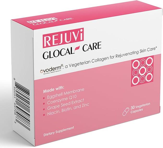 GlocalCare Rejuvi Collagen Booster – 300mg Ovoderm Vegetarian Collagen for Skin Elasticity, Firmness & Joint Support – Biotin, Grape Seed Extract, CoQ10 - (30 Capsules)