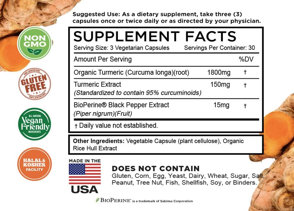 Turmeric Curcumin with BioPerine Black Pepper & 95% Curcuminoids, 1965mg, Maximum Absorption for Joint Support, Non-GMO Turmeric Capsules, Made in USA - 90 Veg Caps