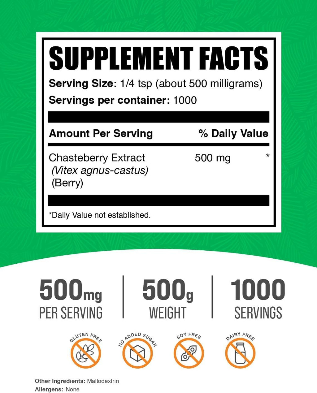 BulkSupplements.com Chasteberry Extract Powder - from Vitex Berry, Herbal Supplement - Vegan & Gluten Free, 500mg per Serving, 500g (1.1 lbs) (Pack of 1)