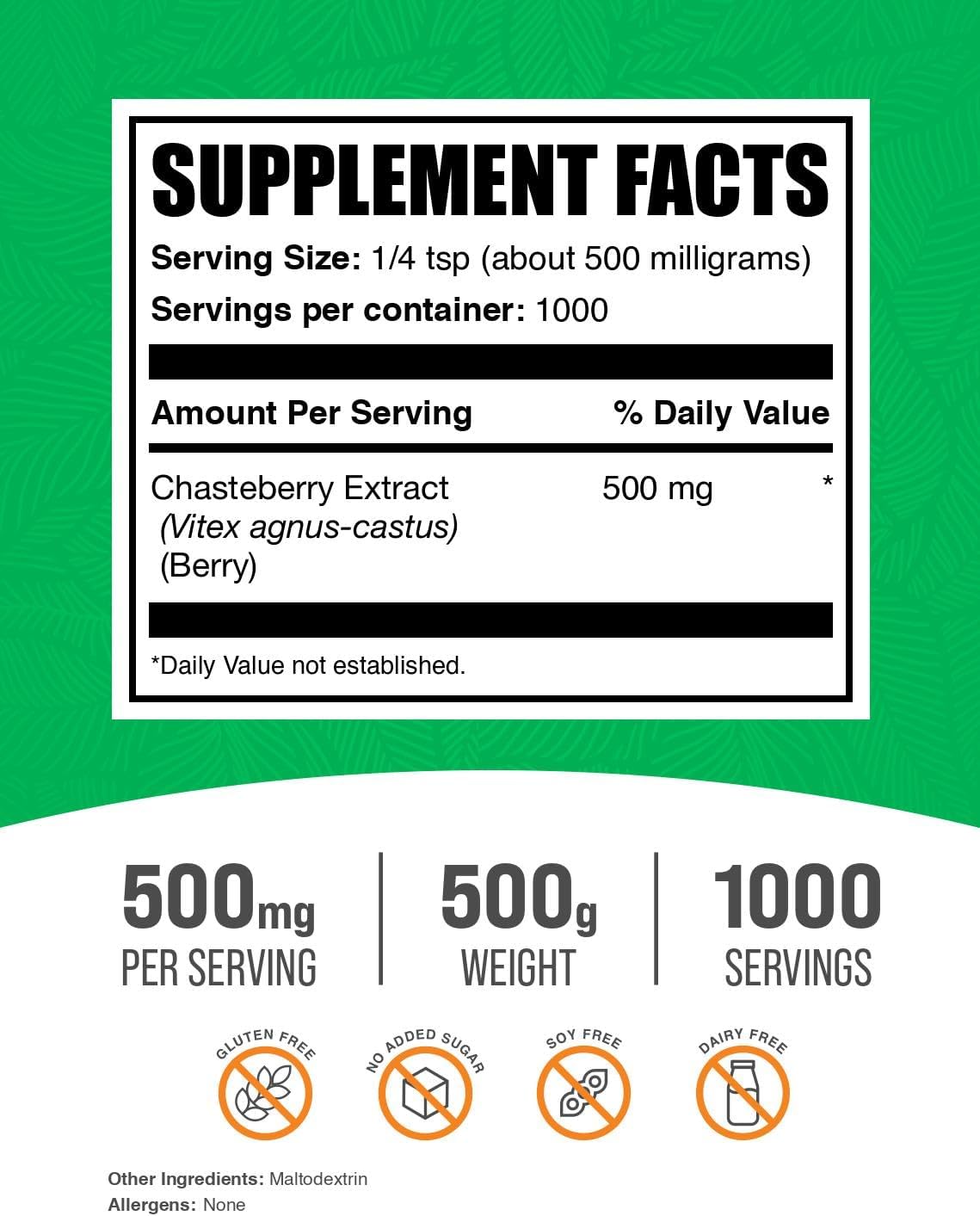 BulkSupplements.com Chasteberry Extract Powder - from Vitex Berry, Herbal Supplement - Vegan & Gluten Free, 500mg per Serving, 500g (1.1 lbs) (Pack of 1)