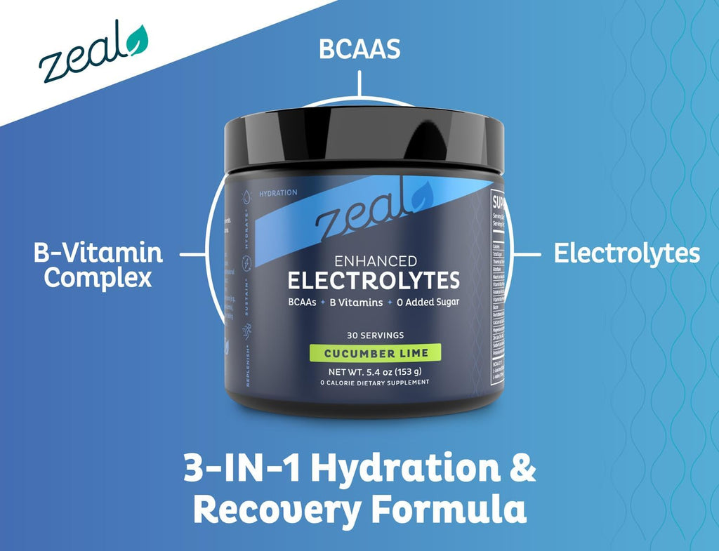 Zeal Electrolyte Powder Recovery Drink (30 Servings | Cucumber Lime) w 0 Sugar +BCAAs +B-Vitamins Electrolyte Supplement w Potassium Zinc & Magnesium for Hydration - Keto Electrolytes