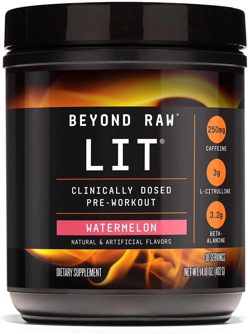 BEYOND RAW LIT Pre Workout Powder Supplement for Men and Women, Energy, Focus, Endurance, Pumps, Nitric Oxide Boost, 250mg Caffeine, Creatine, Beta Alanine, Watermelon, 30 Servings
