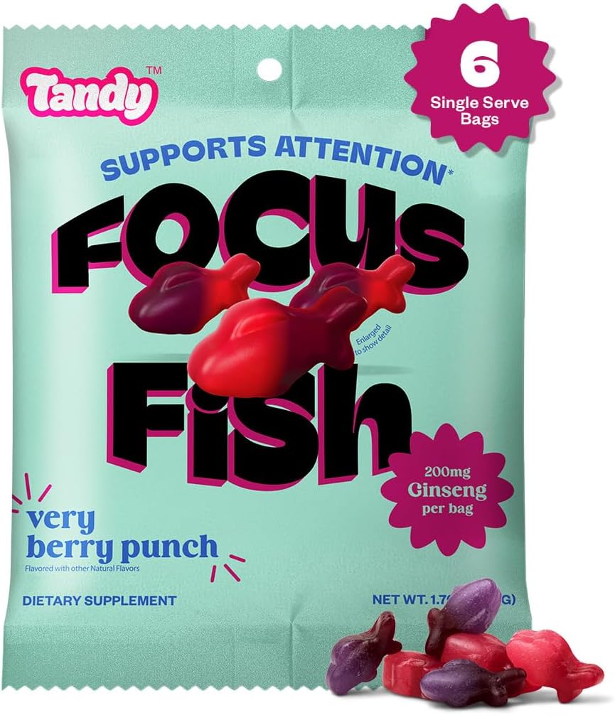 Tandy Focus Fish American Ginseng Gummies I Memory, Attention & Focus Gummies with Very Berry Punch Flavor I Gluten-Free Fast-Acting Dietary Brain Supplement Gummy I 6-Pack