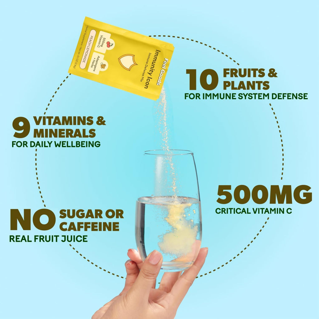 Feel Goods Immunity Icon, Zero Sugar, Vitamin C, A, B, D, E & Zinc, Organic Elderberry, Ashwagandha, Drink Mix Powder, Vegan, Non GMO, Caffeine & Gluten Free | Peach Lemonade, 15 Count