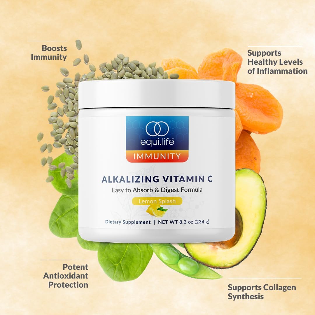 Equilife Alkalizing Vitamin C, 2500 mg per Serving, Immunity Support Supplement with Magnesium, Calcium, & Potassium, Easy Absorption Powder Formula, Gluten Free, Non GMO, Lemon Splash Flavor, 8.3 Oz