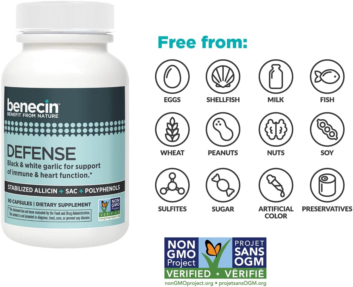 Benecin Defense 1500 mcg Stabilized Allicin per Capsule | Plus high Amounts of SAC & Polyphenols from Black Garlic | Powerful Support of Immune & Heart Function Vegetarian Caps (1 Count (Pack of 180))