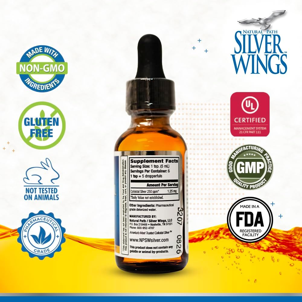 Natural Path Silver Wings Colloidal Silver Liquid - Enhanced Immune Support Supplement - 250ppm (1250mcg) - 1oz Dropper