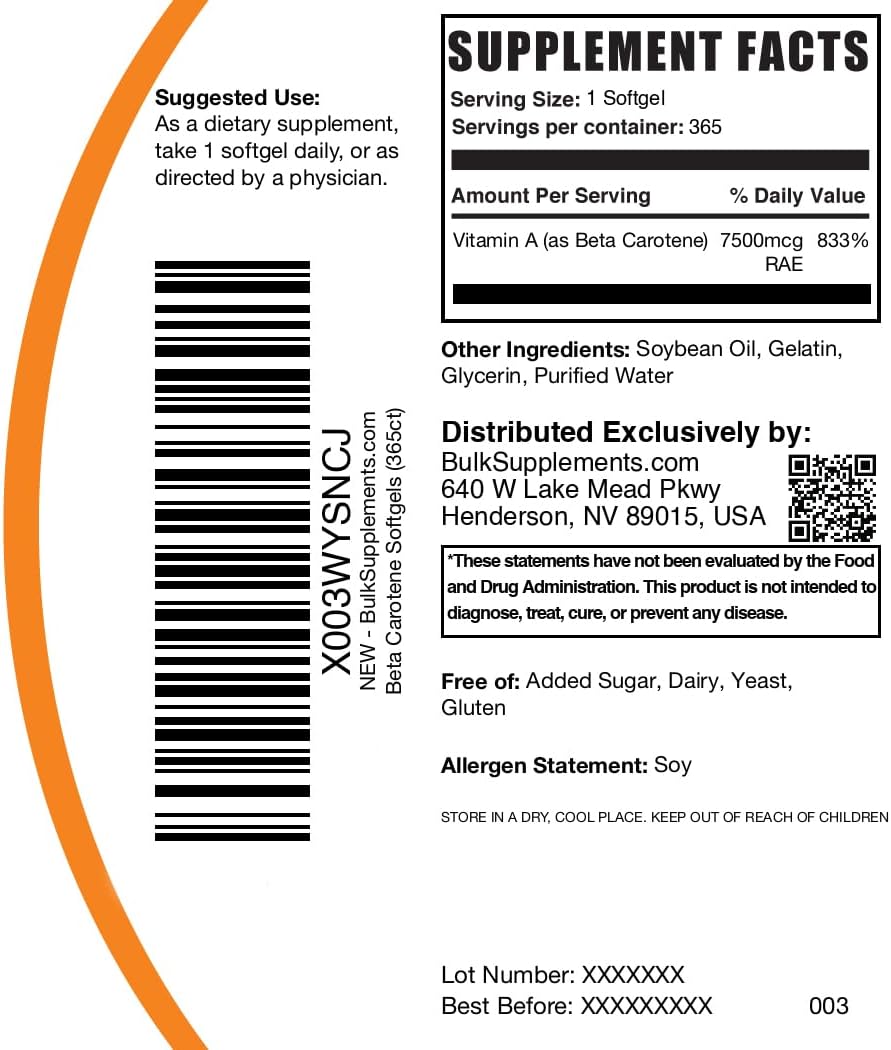 BulkSupplements.com Beta Carotene 25000 IU Softgels - Vitamin A Supplement, Beta Carotene Supplements - for Eye Support, Gluten Free, 1 Softgel per Serving, 365 Count (Pack of 1)