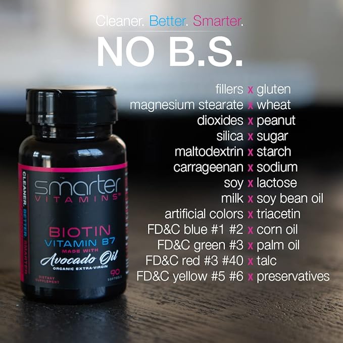 (2 Pack) Smarter Biotin 5000mcg in Avocado Oil, Vitamin B7, Non-GMO, 90 Mini Liquid Softgels, No Soy