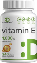 Vitamin E Supplements, 1,000 IU Per Serving, 240 Softgels – Extra Strength Antioxidant Protection – Bioavailable Stable Form – Skin, Heart, Brain, & Immune Support – Non-GMO