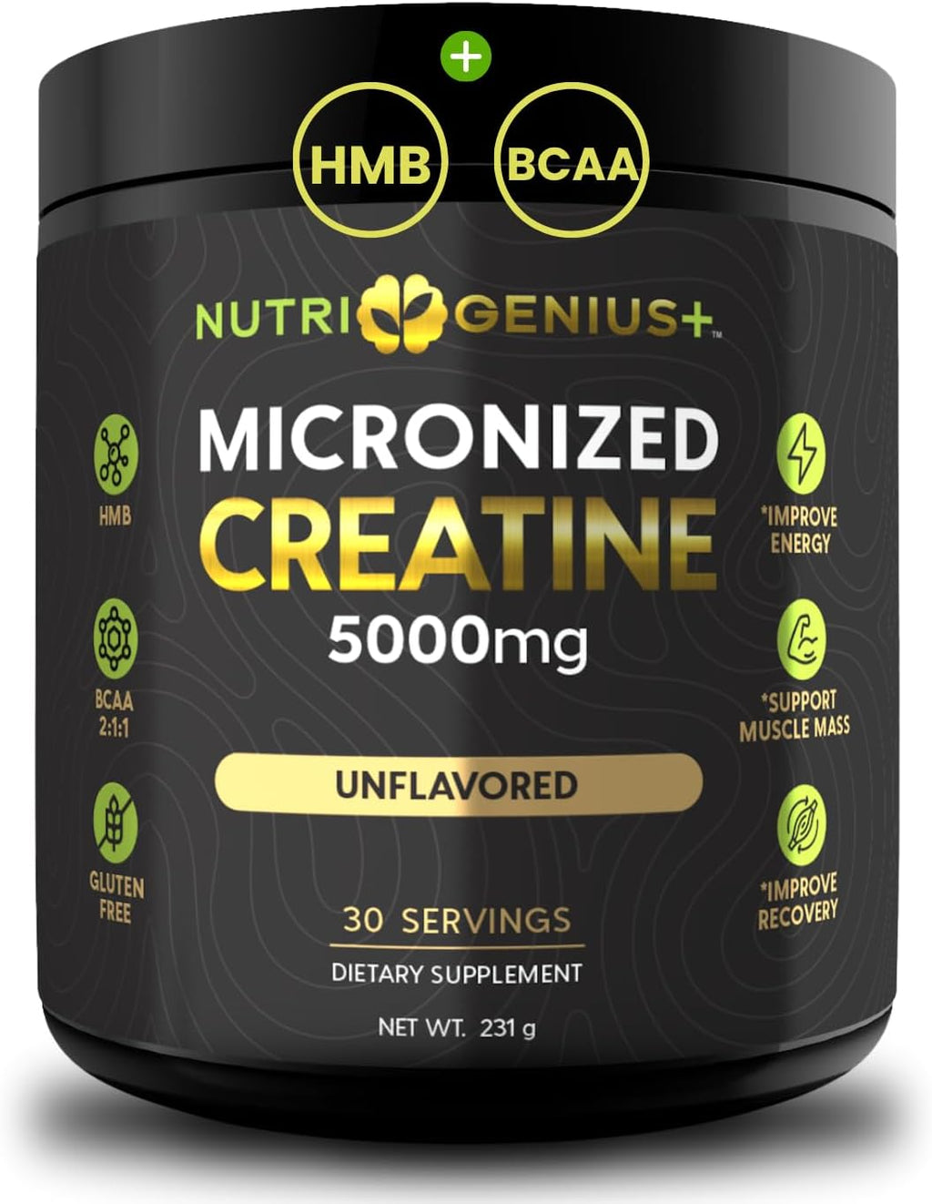 Creatine Powder Micronized with BCAAs + HMB, Magnesium Malate, for Muscle Growth, Strength & Recovery | Unflavored | 30 Servings (Unflavored)