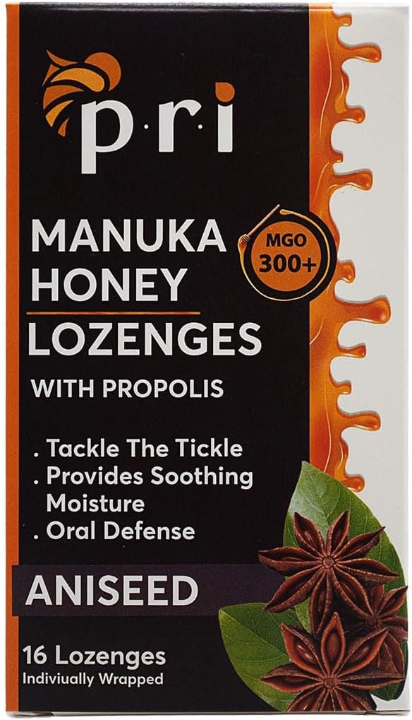 P.R.I Manuka Honey Lozenges with Propolis, Soothing Cough and Throat Drops, MGO 300+ Certified, (Original Aniseed, 16 Count)