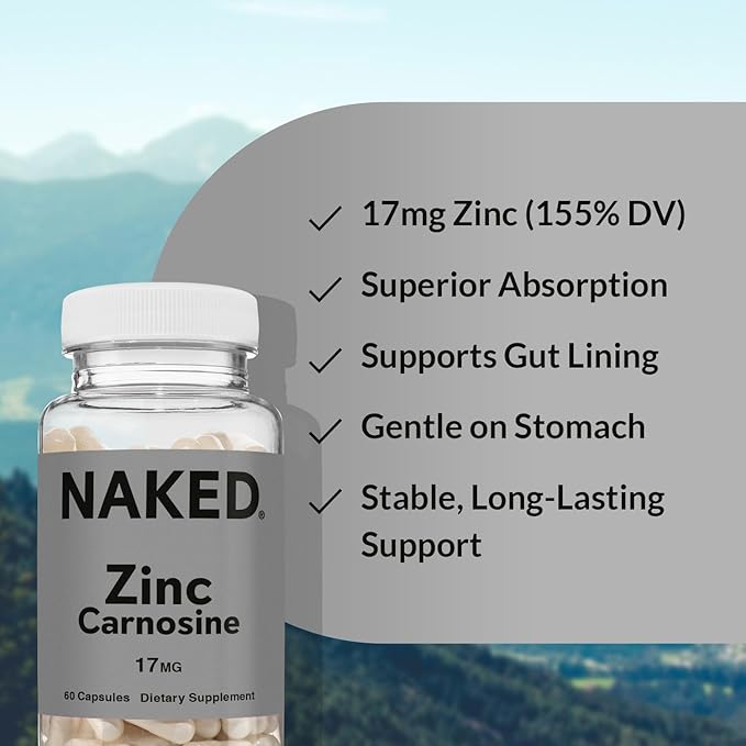Naked Zinc Carnosine - Gut Lining, Immune Function and Stomach Support Supplement, Vegan, Gluten-Free, 17mg - 60 Capsules