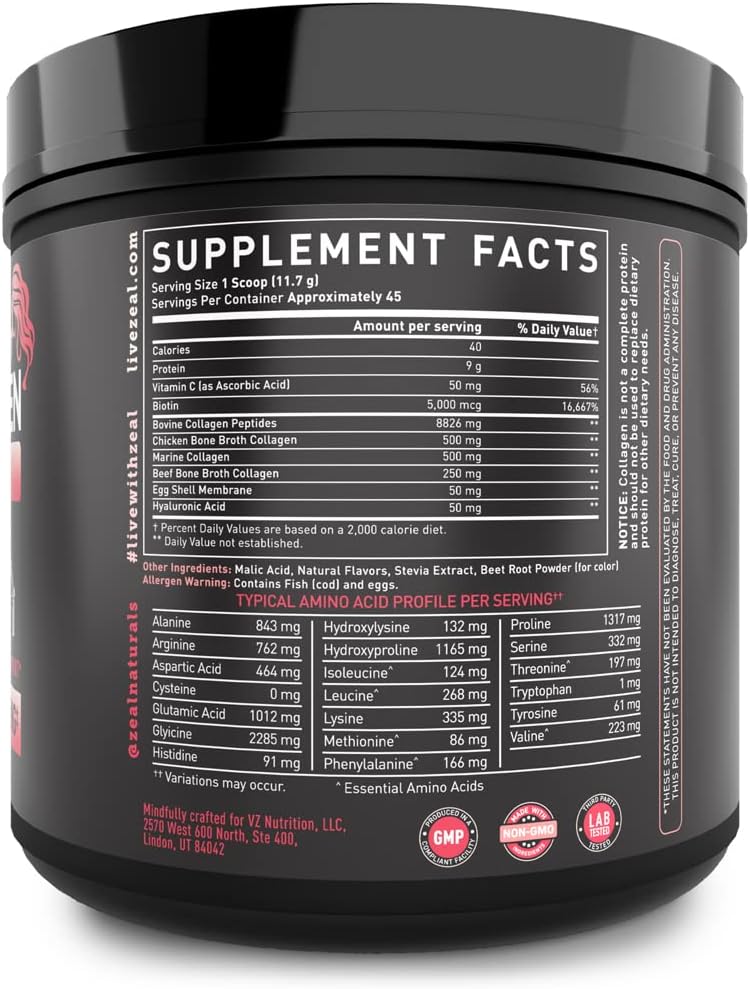 Premium Multi Collagen Peptides Protein Powder (1, 2, 3, 5 & 10) with Vitamin C, Biotin, Hyaluronic Acid, for Hair Skin and Nails - Marine, Bovine, Chicken & Eggshell (Strawberry, 45 Servings)