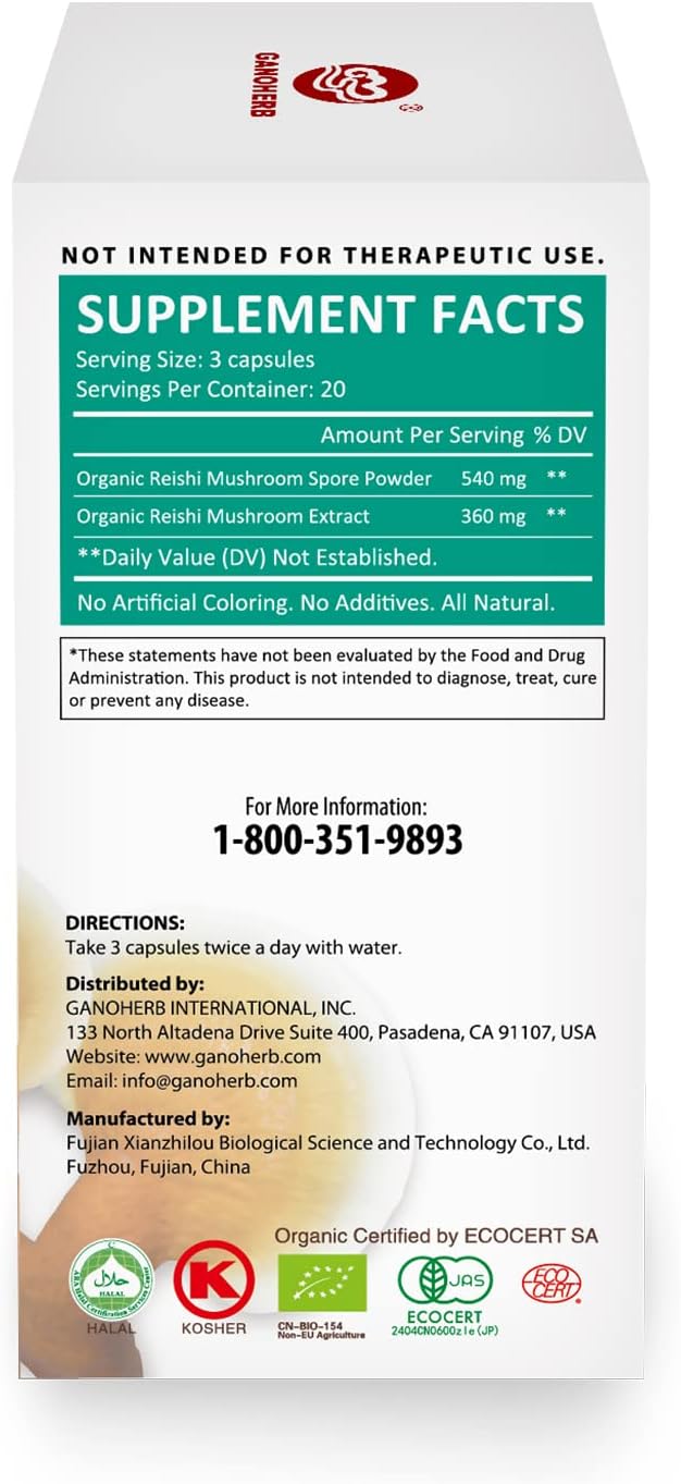 Organic Reishi Mushroom Spore Plus Capsules with 100% Ganoderma Lucidum Spore Powder+ Extract, Vegan, All Natural, Non-GMO & Gluten Free, 60 Veggie Capsules