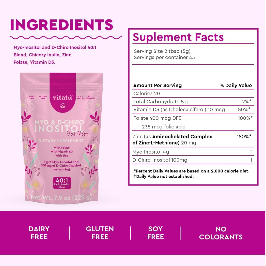 | Myo Inositol (4g) & D-Chiro Inositol (1g) Ideal Mix 40:1 | Duration 45 Days | with Folic Acid + Vitamin D3 + Zinc, Powdered Dietary Supplement for Women (225 g)
