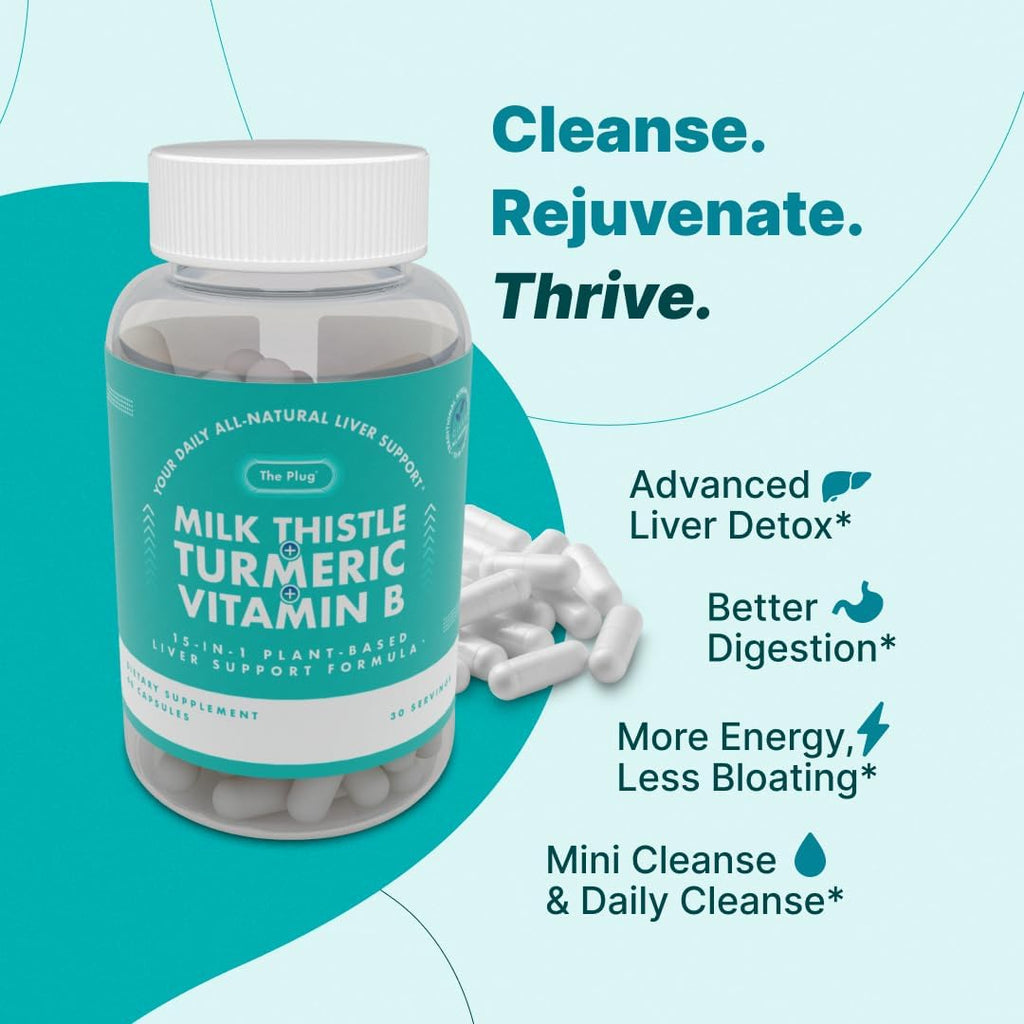 The Plug Liver Cleanse Detox & Repair Milk Thistle (Silymarin), Turmeric, Dandelion Root & Vitamin B– Herbal Capsules for Liver, Digestive & Immune Support – Non-GMO, Gluten-Free, Kosher – 60 Capsules