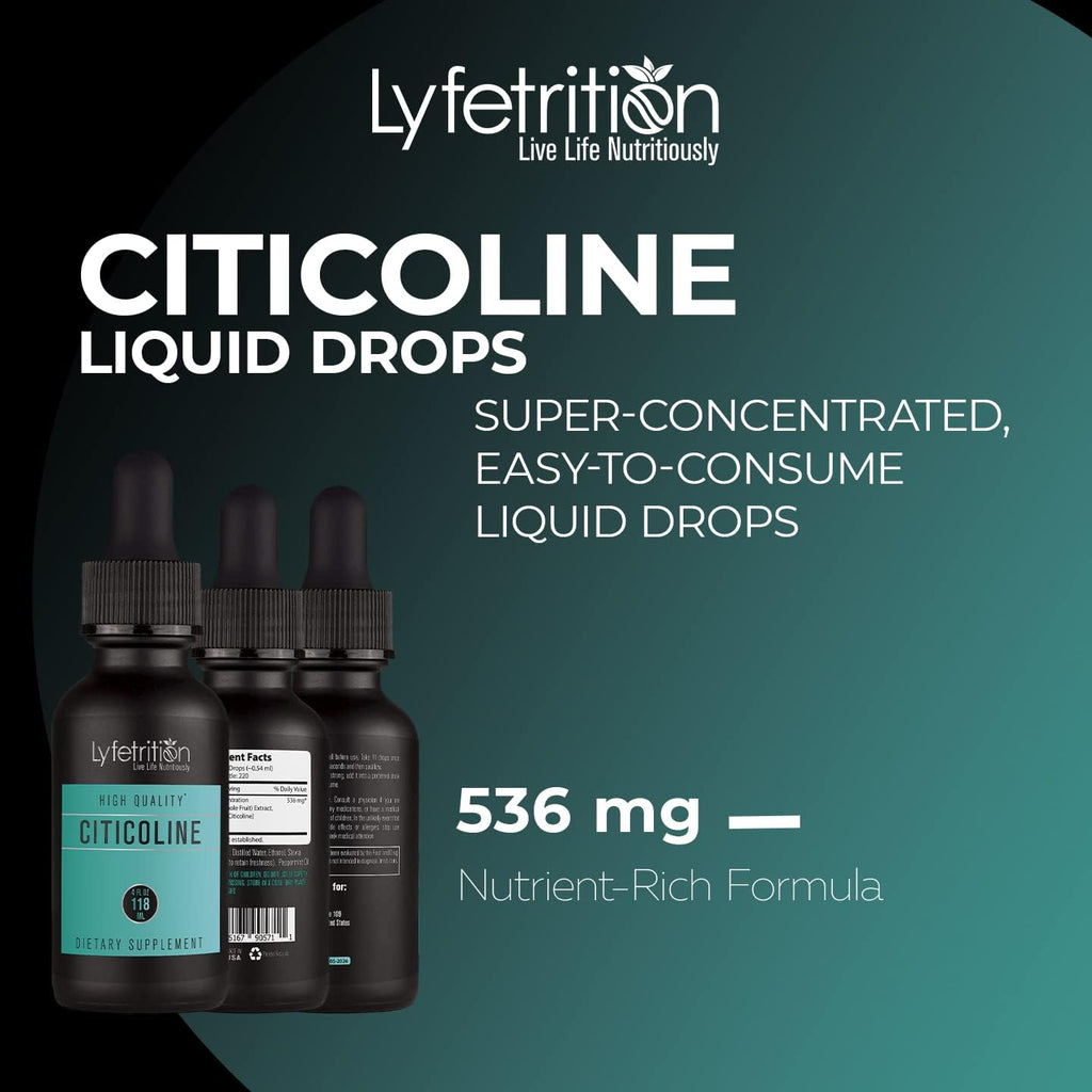 Citicoline Liquid Drops 536 mg, 4 Oz Liquid, 220 Servings, Made in USA, Quick Absorption, Quality Potent Ingredients, Non-GMO, GMP Certified, Cruelty-Free Products