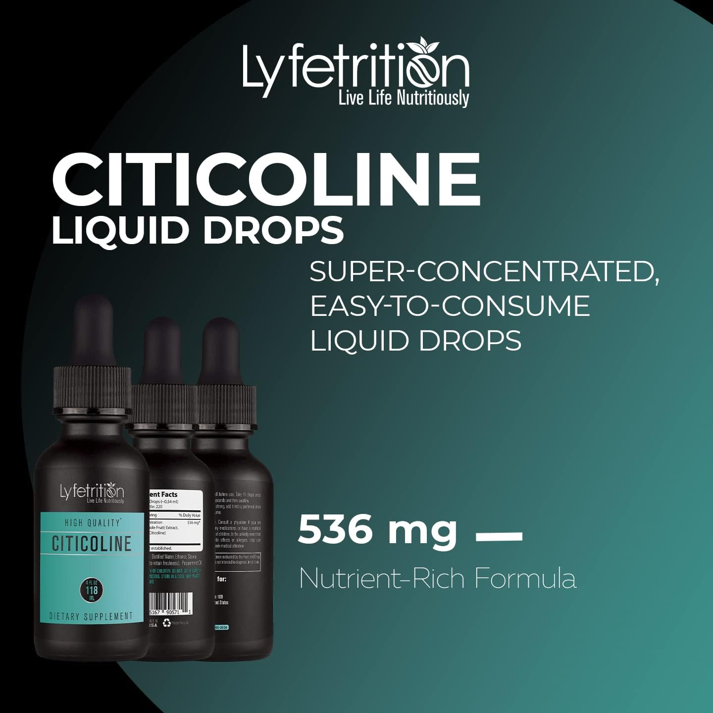 Citicoline Liquid Drops 536 mg, 4 Oz Liquid, 220 Servings, Made in USA, Quick Absorption, Quality Potent Ingredients, Non-GMO, GMP Certified, Cruelty-Free Products