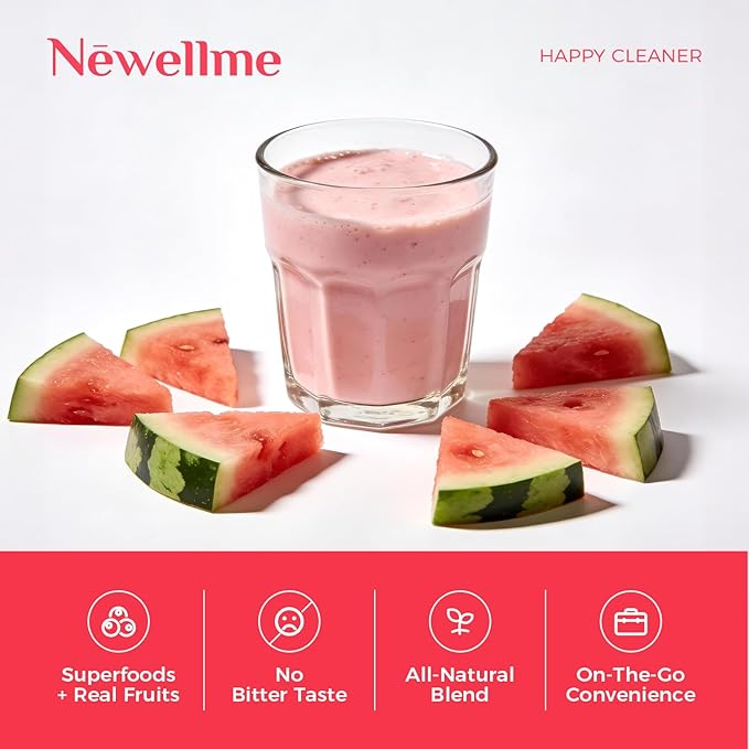 NEWELLME Happy Cleaner Digestive Supplement Powder, Gut Health Drink Mix with Probiotics, Digestive Enzymes & Fiber, Supports Digestion and Bloating, Watermelon Flavor, 14 Sachets