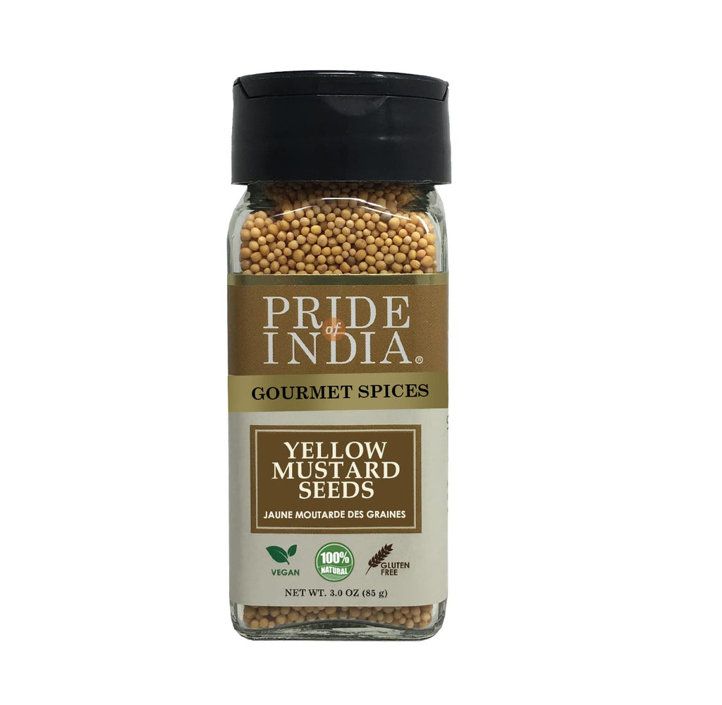 Pride of India – Yellow Mustard Seed Whole – Pungent & Aromatic – Gourmet Indian Spice – Add in Salads/Dressings/Chicken/Meat/Pickles – Easy to Use – 2.8 oz. Small Dual Sifter Bottle