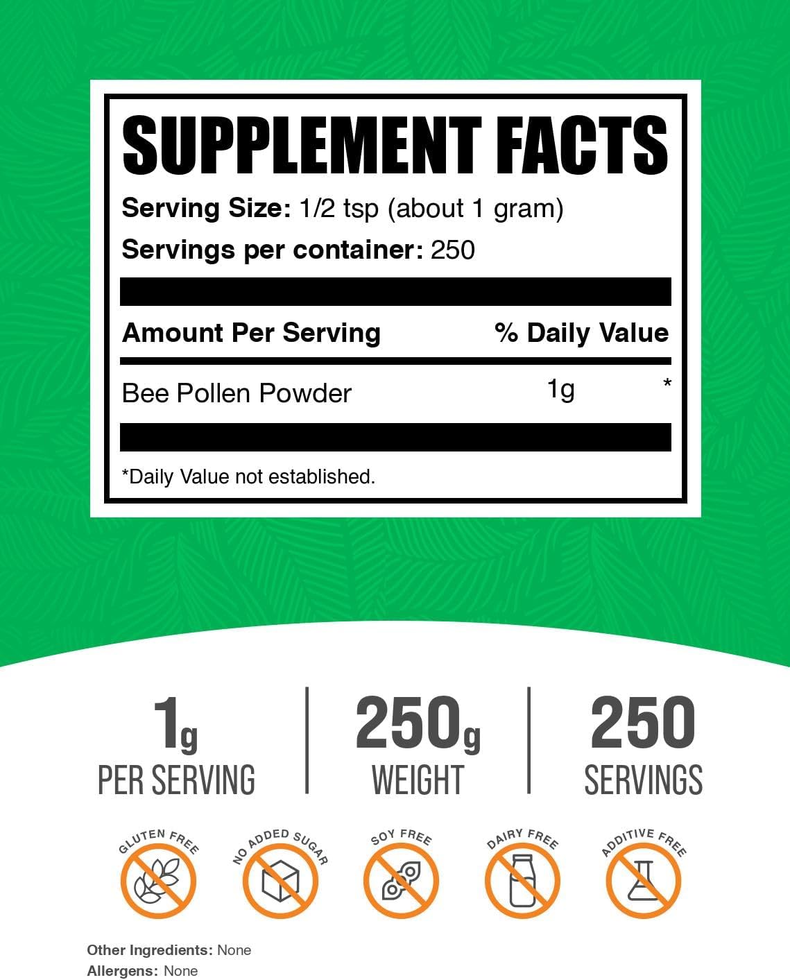 BulkSupplements.com Bee Pollen Powder - Superfood Supplement, Bee Pollen Supplement, for Immune Support - Gluten Free, 1g per Serving, 250g (8.8 oz) (Pack of 1)