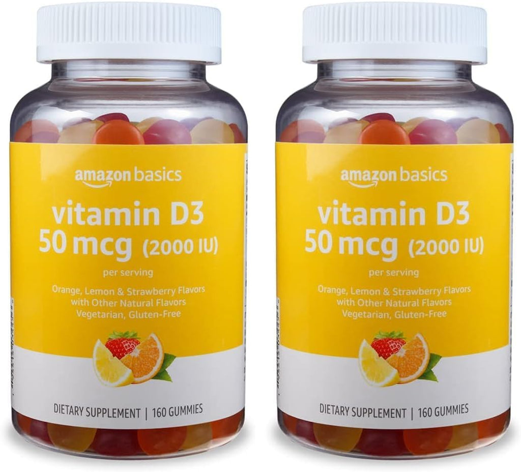 Amazon Basics Vitamin D3 2000 IU Gummies, Orange, Lemon & Strawberry, 160 Count (2 per Serving) (Previously Solimo) (Pack of 2)