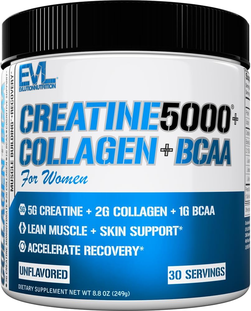 Evlution Nutrition Creatine 5000 + Collagen + BCAA - for Women - Supports Lean Muscle Growth - 5g Creatine Monohydrate, 2g Collagen Peptides & 1g BCAAs Per Serving - 30 Servings - Unflavored Powder