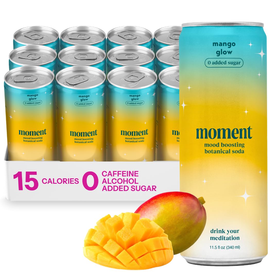 Moment Botanical Soda Soft Drink (Shark Tank) - SPARKLING Drinks | Mango Glow | L-Theanine & Ashwagandha for Calm & Clarity | 0 Added Sugar 0 Caffeine | 12-pack