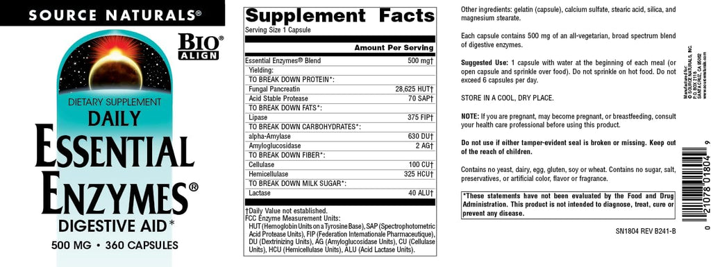 Source Naturals Essential Enzymes 500mg, Bio-Aligned Multiple Enzyme Supplement Herbal Defense for Digestion, Gas, Constipation & Bloating Relief - Digestive Aid* - 360 Capsules, 360 Servings